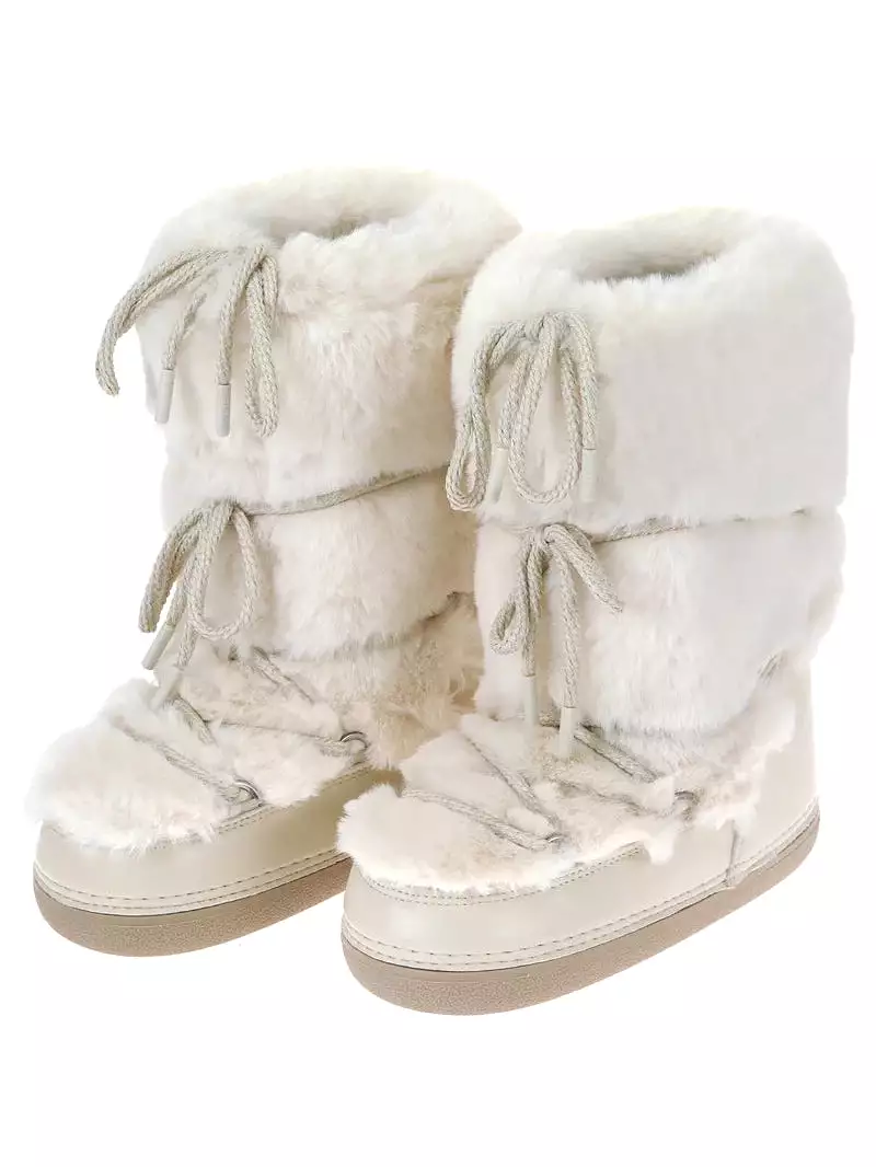 2023 Winter Women's Snow Boots | Fluffy Hairy Lace Up Middle Calf | Platform Flat | White Cotton Boots