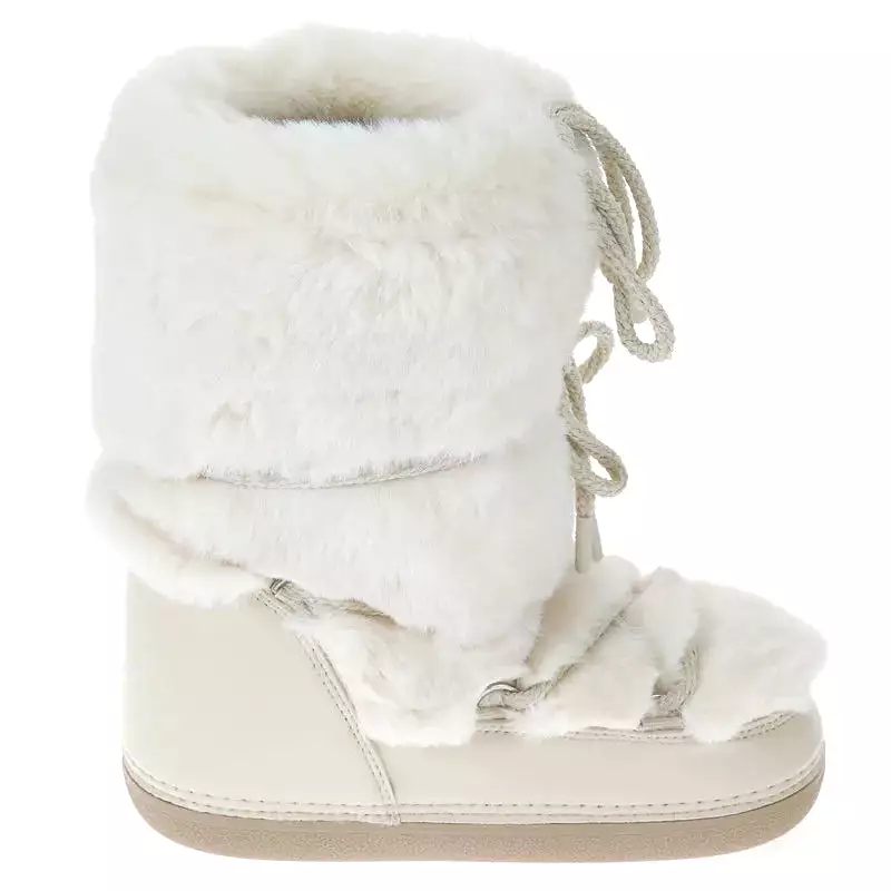 2023 Winter Women's Snow Boots | Fluffy Hairy Lace Up Middle Calf | Platform Flat | White Cotton Boots