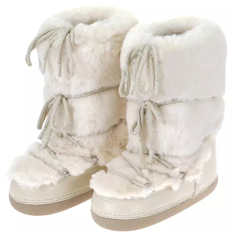 2023 Winter Women's Snow Boots | Fluffy Hairy Lace Up Middle Calf | Platform Flat | White Cotton Boots