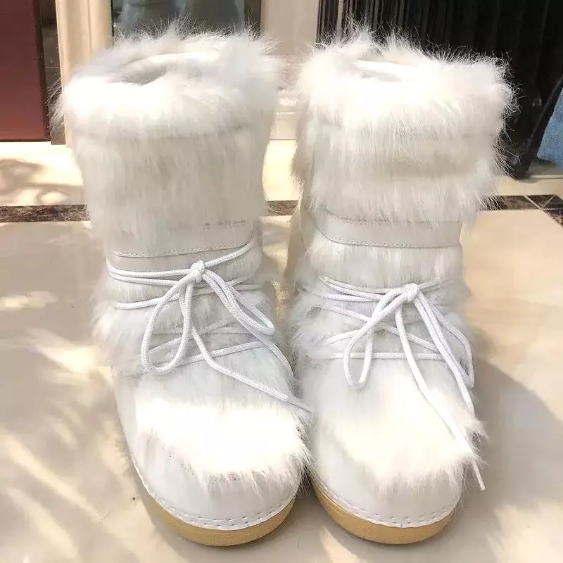 2023 Winter Women's Snow Boots | Fluffy Hairy Lace Up Middle Calf | Platform Flat | White Cotton Boots