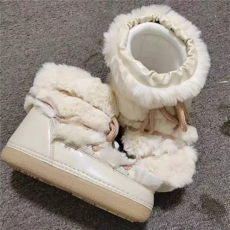 2023 Winter Women's Snow Boots | Fluffy Hairy Lace Up Middle Calf | Platform Flat | White Cotton Boots