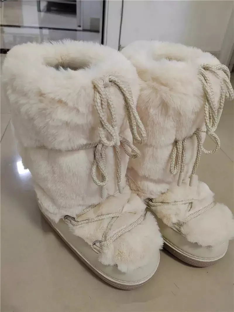 2023 Winter Women's Snow Boots | Fluffy Hairy Lace Up Middle Calf | Platform Flat | White Cotton Boots