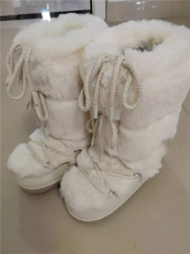 2023 Winter Women's Snow Boots | Fluffy Hairy Lace Up Middle Calf | Platform Flat | White Cotton Boots