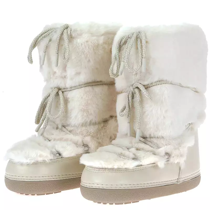 2023 Winter Women's Snow Boots | Fluffy Hairy Lace Up Middle Calf | Platform Flat | White Cotton Boots