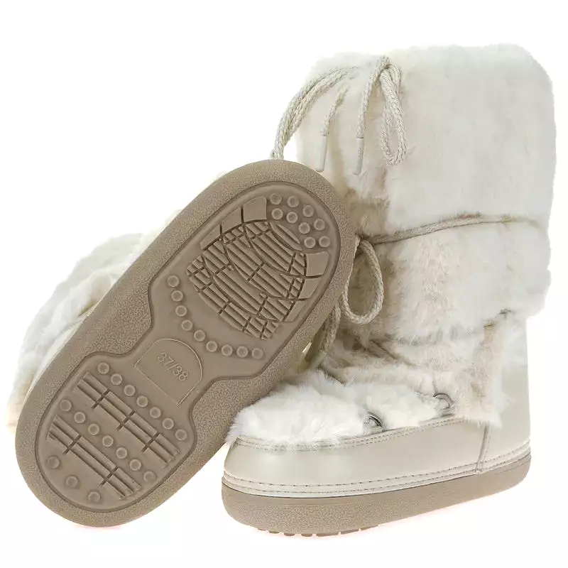 2023 Winter Women's Snow Boots | Fluffy Hairy Lace Up Middle Calf | Platform Flat | White Cotton Boots