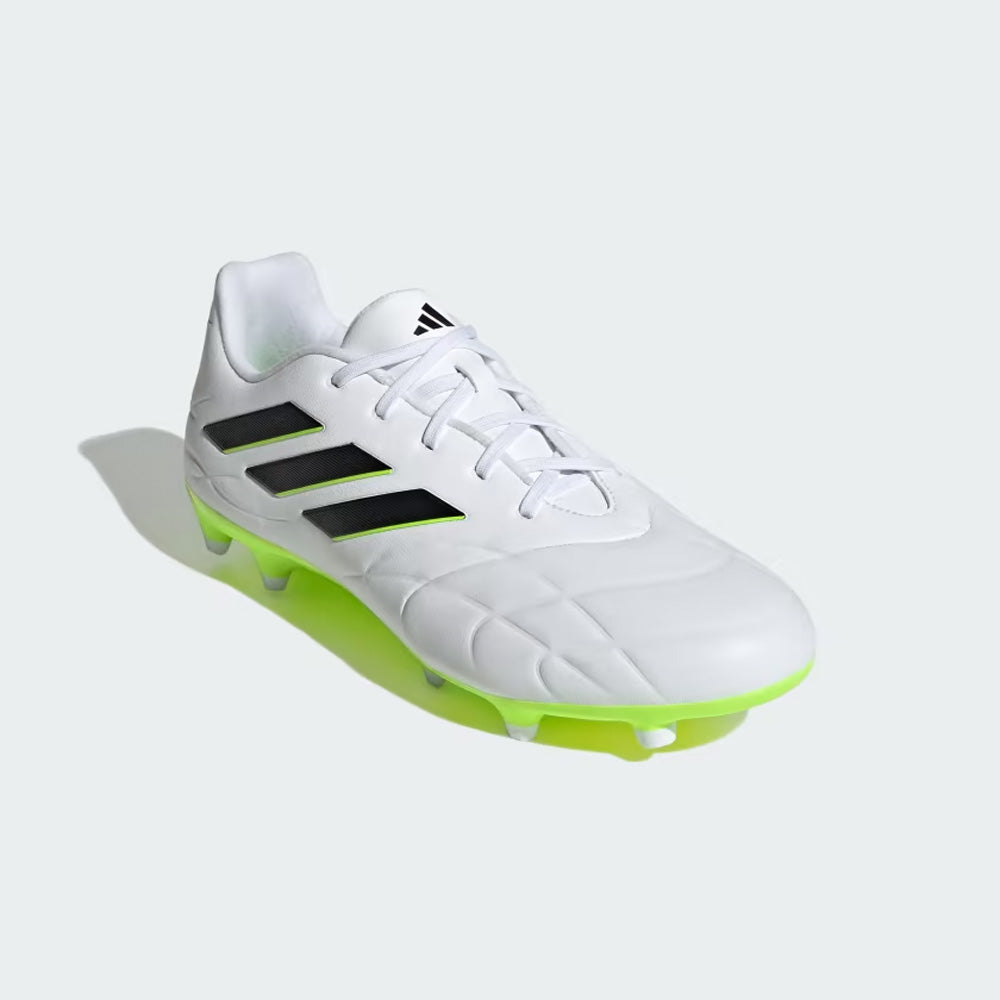 Adidas Copa Pure II.3 FG Soccer Cleats in White/Black/Lucid Lemon.