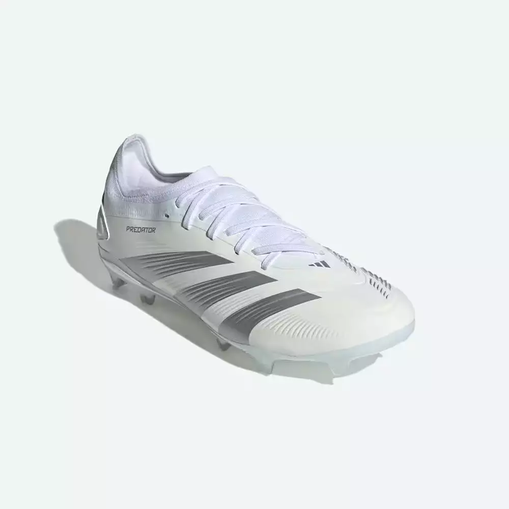 Adidas Predator Pro 24 FG Football Boots in White, Metallic Silver, and White.