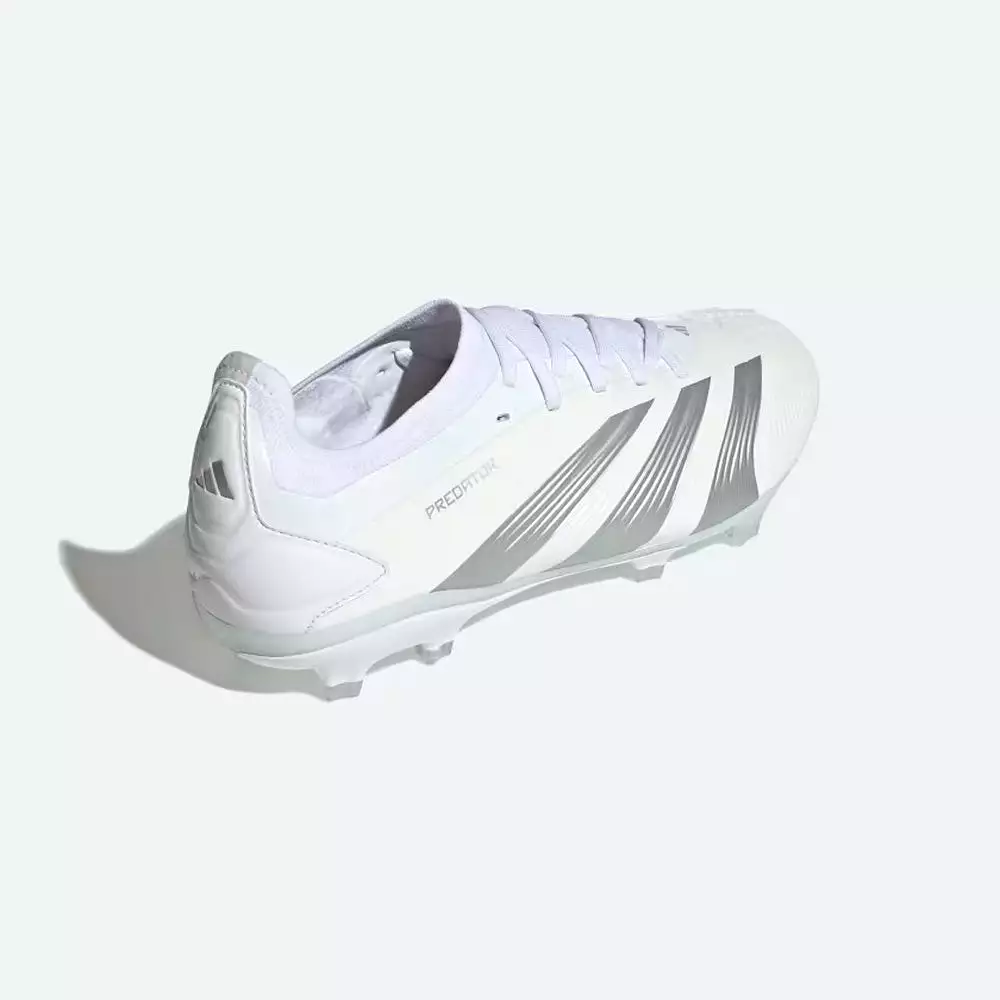 Adidas Predator Pro 24 FG Football Boots in White, Metallic Silver, and White.