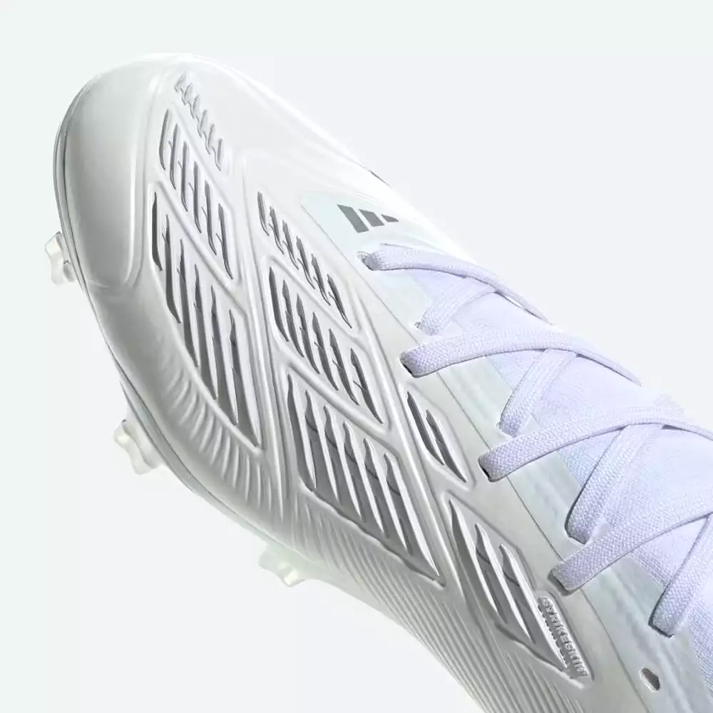 Adidas Predator Pro 24 FG Football Boots in White, Metallic Silver, and White.