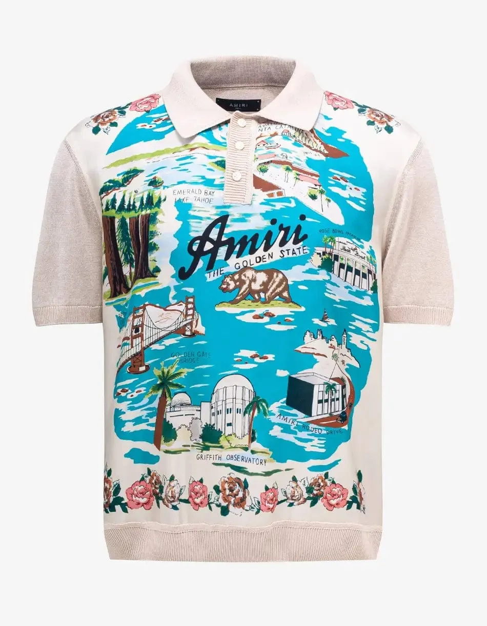 Amiri Beige Hawaiian Silk Polo T-Shirt