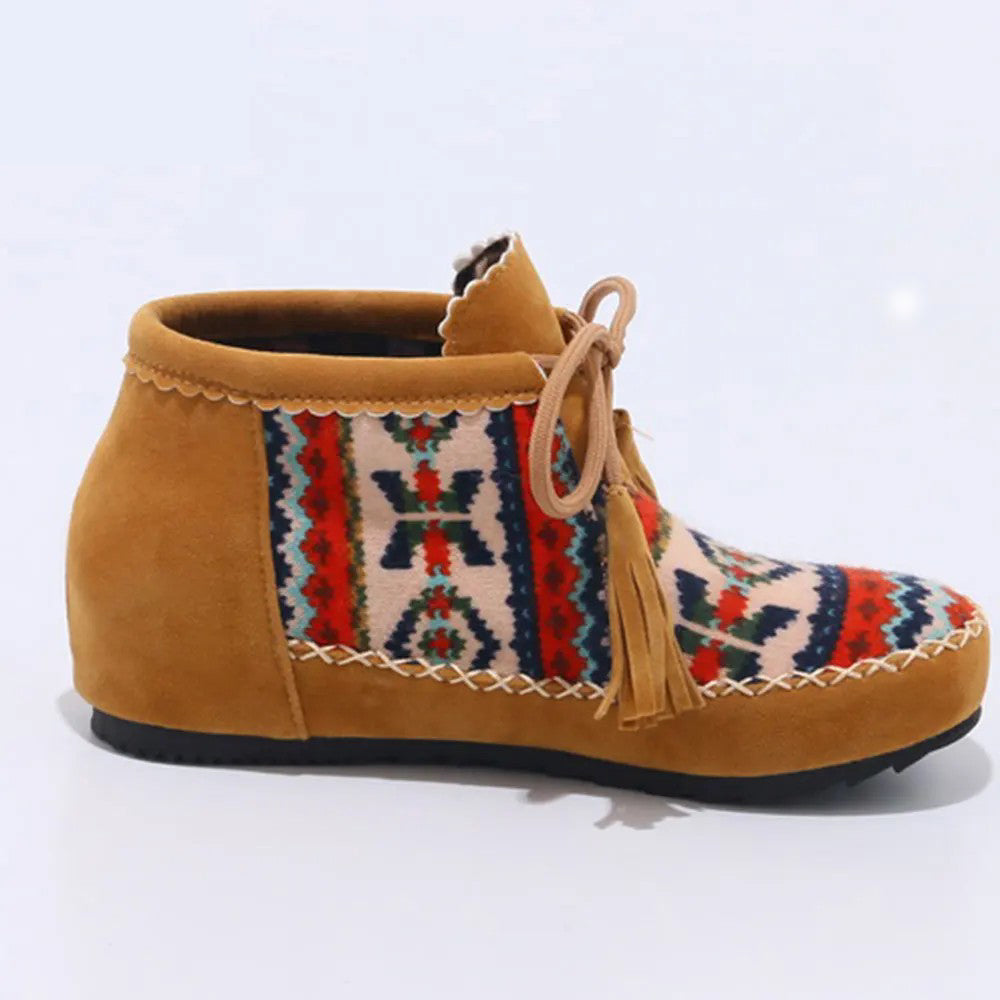 Ashore Shop Large Size Embroider Flock Lace Up Ankle Boots (34-43) for Spring and Autumn