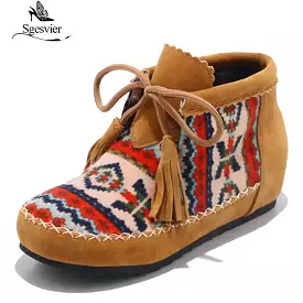 Ashore Shop Large Size Embroider Flock Lace Up Ankle Boots (34-43) for Spring and Autumn