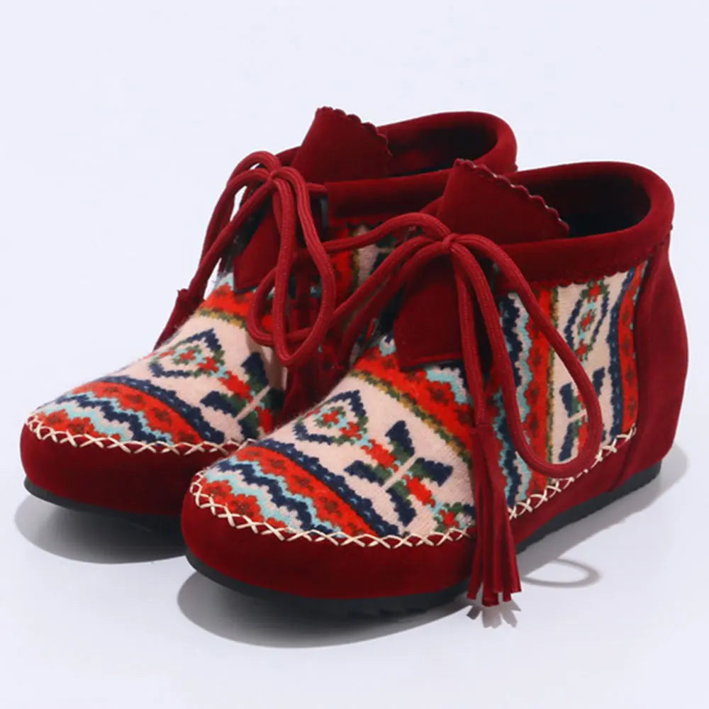 Ashore Shop Large Size Embroider Flock Lace Up Ankle Boots (34-43) for Spring and Autumn