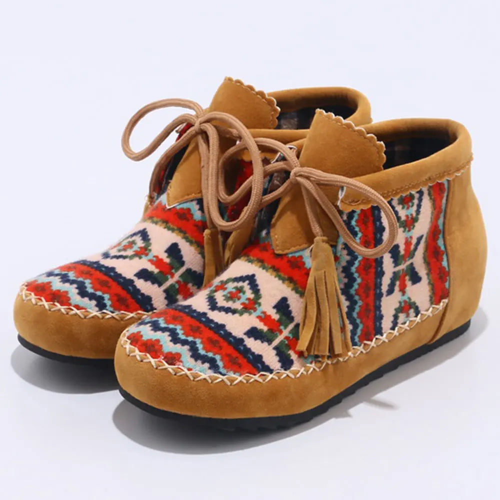 Ashore Shop Large Size Embroider Flock Lace Up Ankle Boots (34-43) for Spring and Autumn