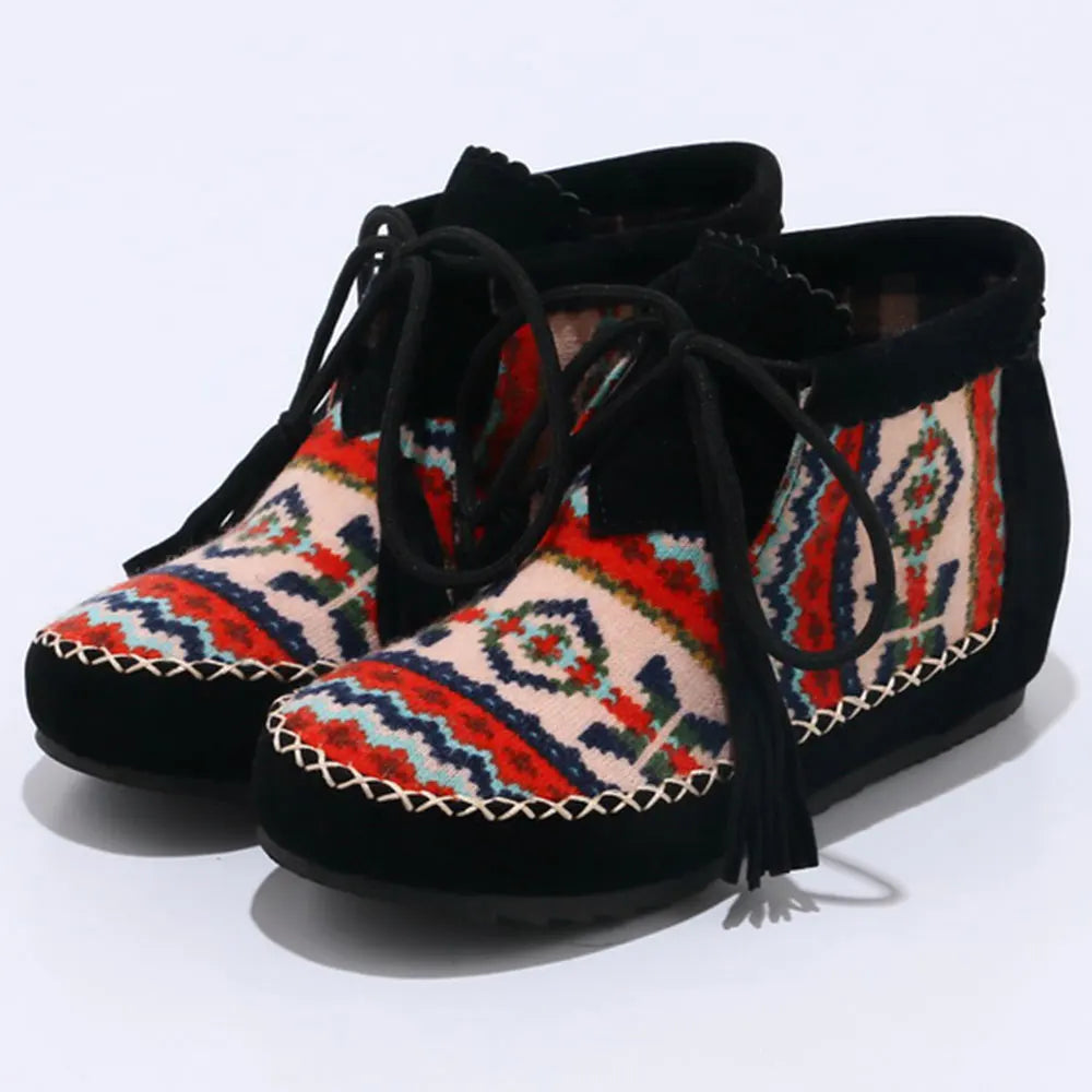 Ashore Shop Large Size Embroider Flock Lace Up Ankle Boots (34-43) for Spring and Autumn