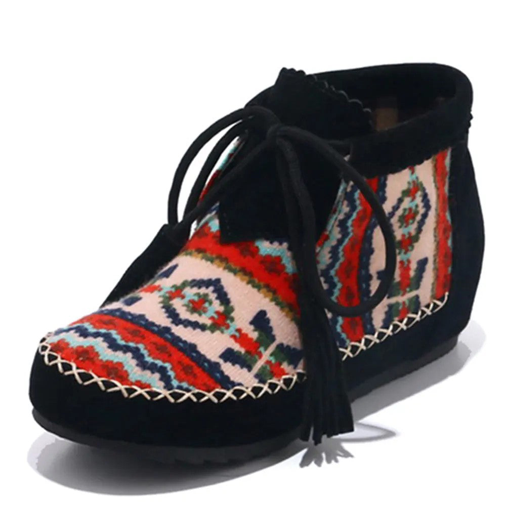 Ashore Shop Large Size Embroider Flock Lace Up Ankle Boots (34-43) for Spring and Autumn