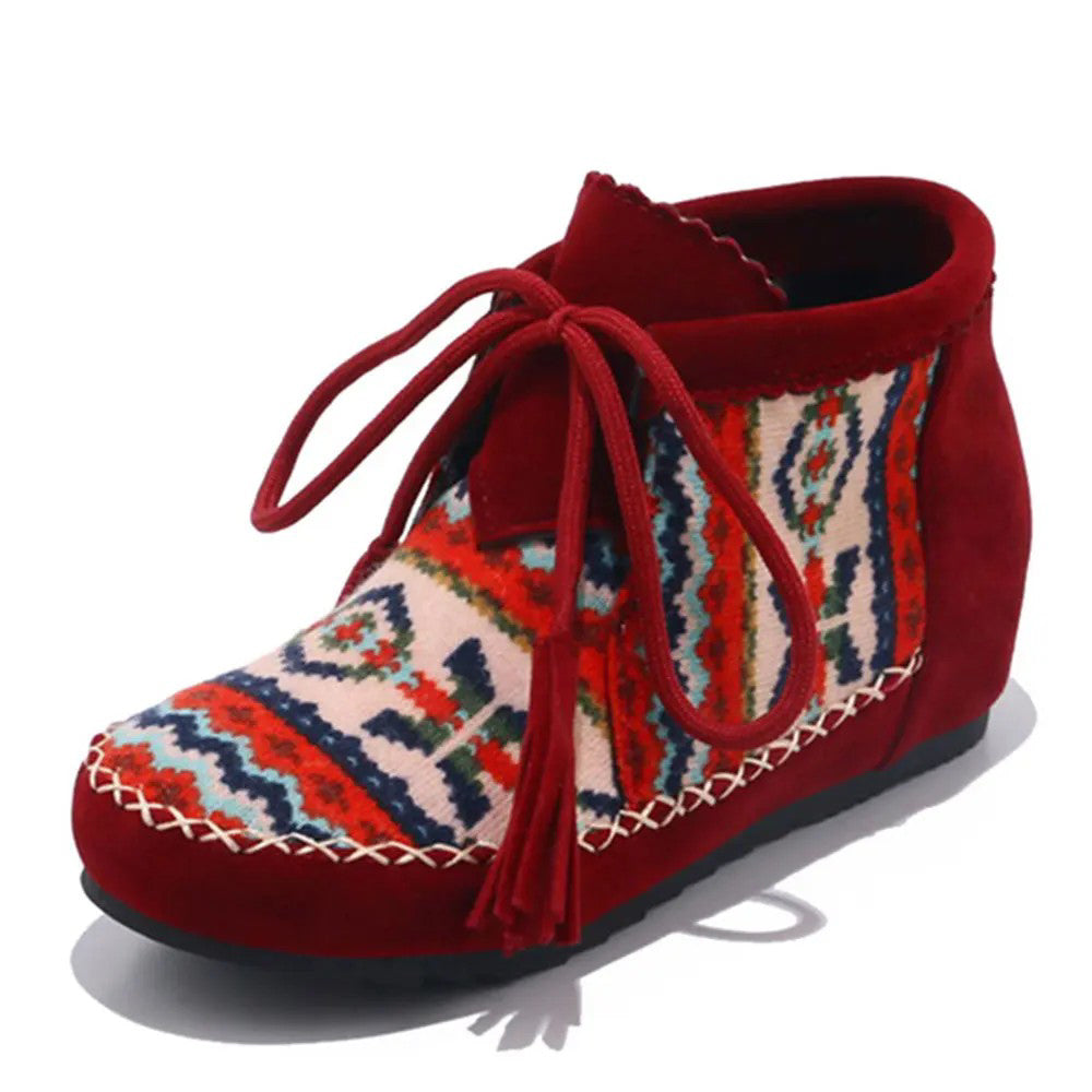 Ashore Shop Large Size Embroider Flock Lace Up Ankle Boots (34-43) for Spring and Autumn