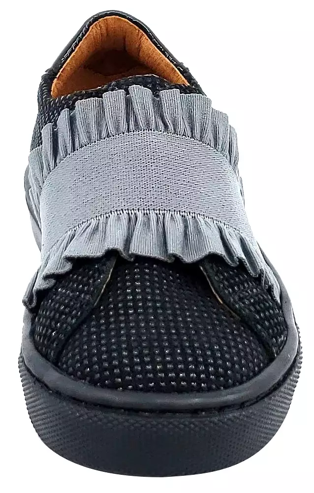 Atlanta Mocassin Ruffle Slip-on Sneakers - Girls Leather Elastic Band, Black/Grey