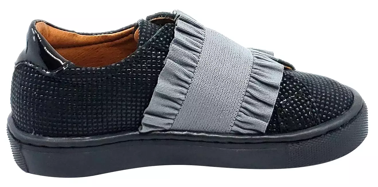 Atlanta Mocassin Ruffle Slip-on Sneakers - Girls Leather Elastic Band, Black/Grey