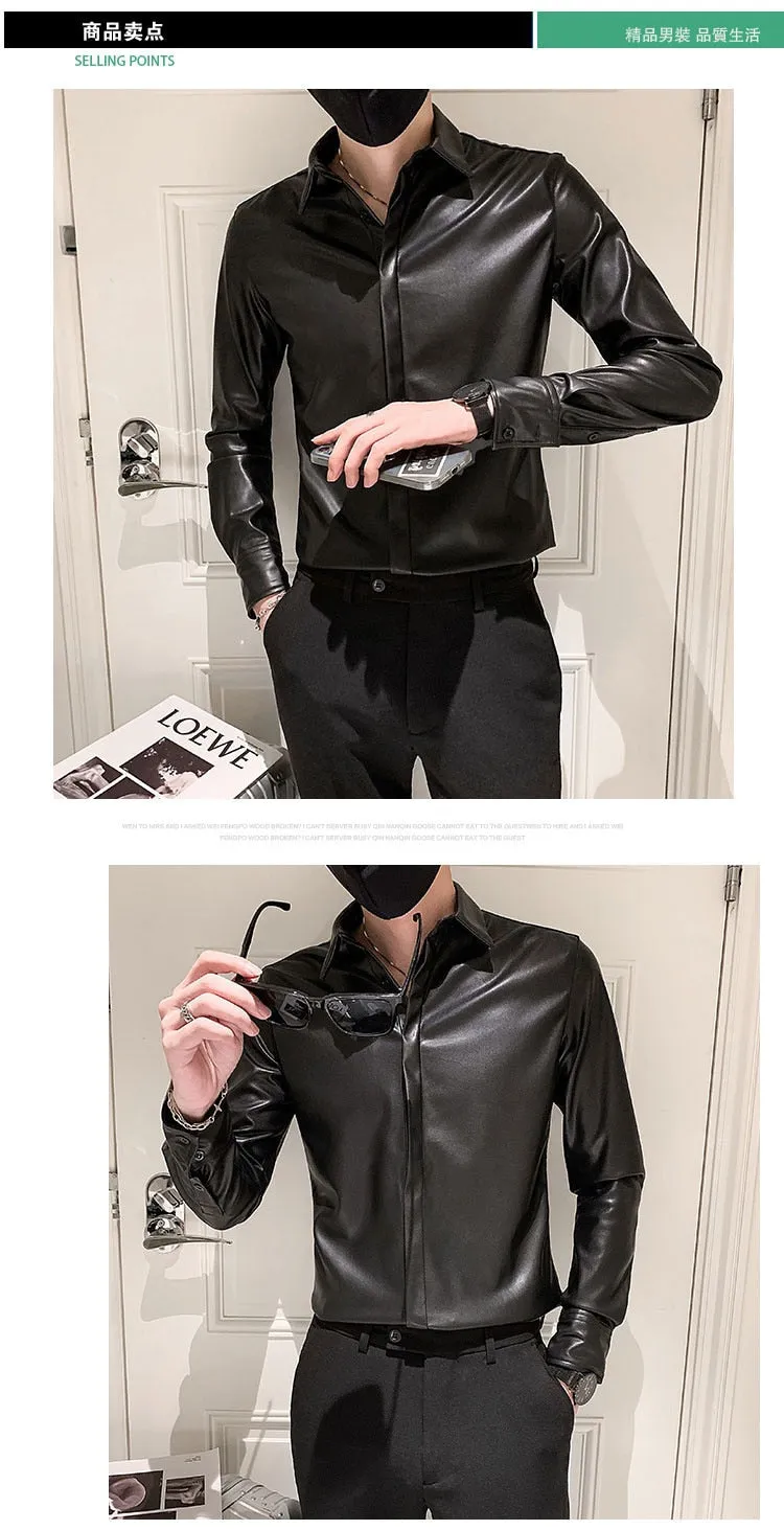 Autumn Winter Korean Slim Fit Leather Camisa Social Masculina Fashion Black Leather Shirts