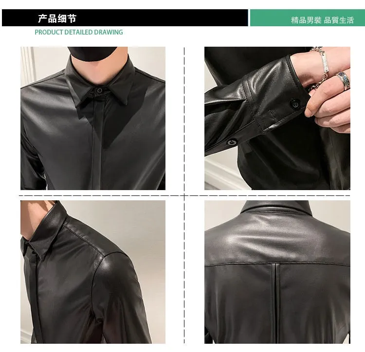 Autumn Winter Korean Slim Fit Leather Camisa Social Masculina Fashion Black Leather Shirts