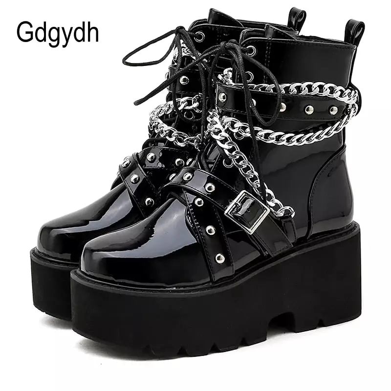 Autumn Winter Women's Chain Ankle Boots with Buckle Strap, Square Heel, Thick Sole, Platform, Rock Punk Style