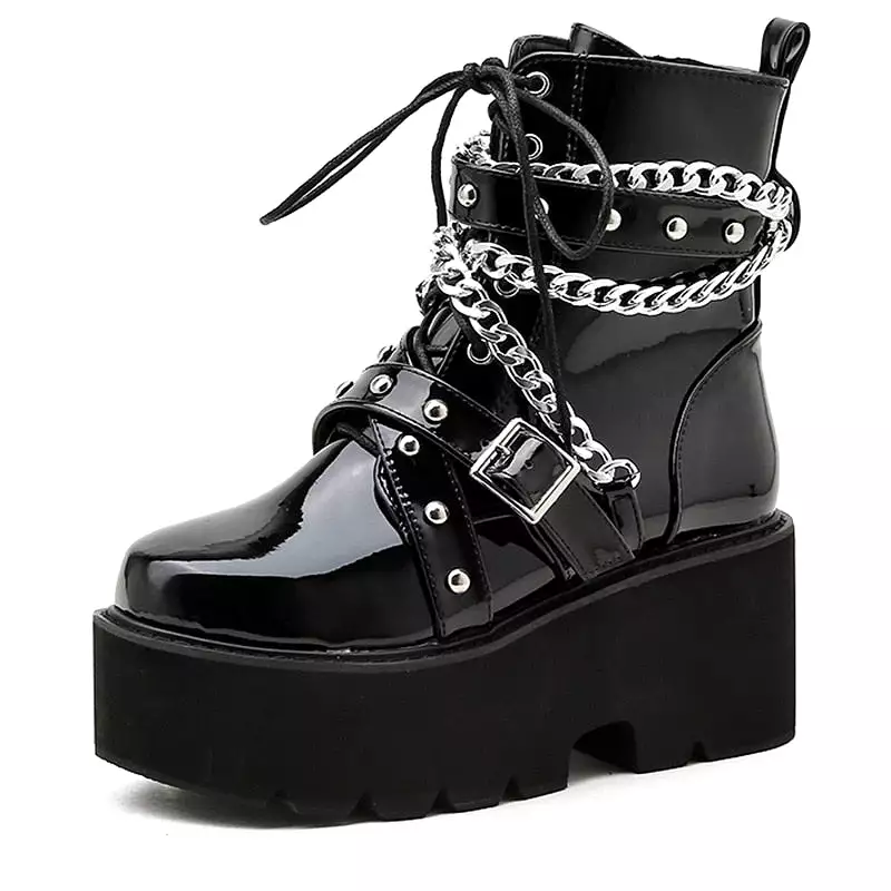 Autumn Winter Women's Chain Ankle Boots with Buckle Strap, Square Heel, Thick Sole, Platform, Rock Punk Style