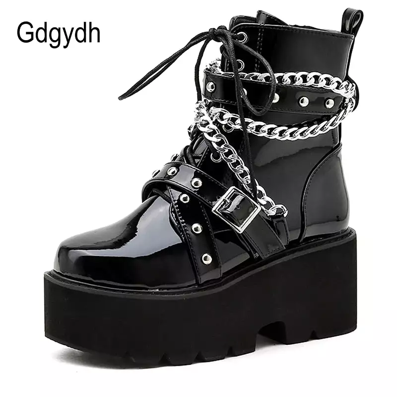 Autumn Winter Women's Chain Ankle Boots with Buckle Strap, Square Heel, Thick Sole, Platform, Rock Punk Style