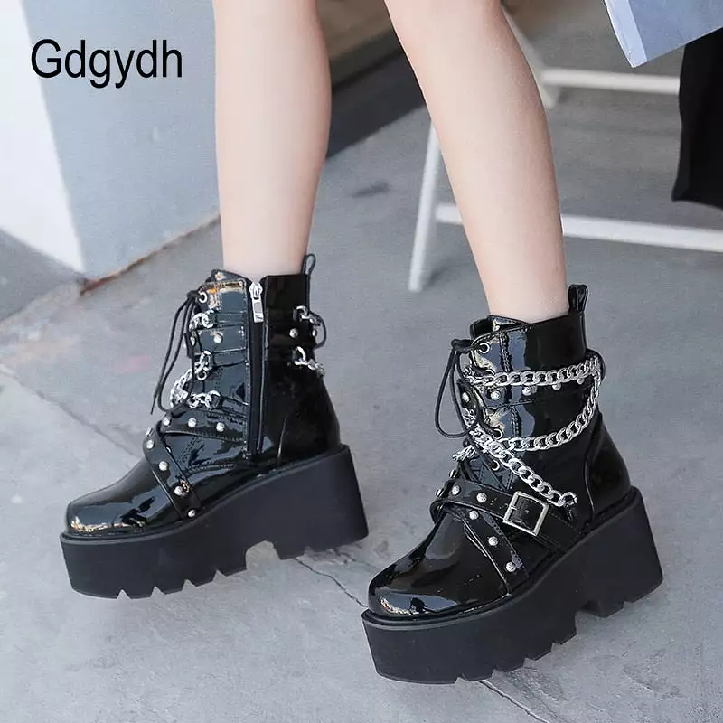 Autumn Winter Women's Chain Ankle Boots with Buckle Strap, Square Heel, Thick Sole, Platform, Rock Punk Style