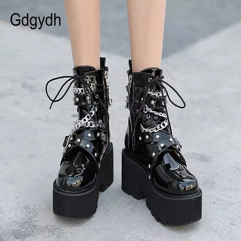 Autumn Winter Women's Chain Ankle Boots with Buckle Strap, Square Heel, Thick Sole, Platform, Rock Punk Style