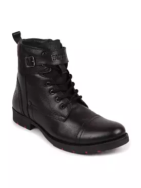 Black genuine leather men's high ankle winter boots with zipper and lace-up closure, featuring a cap toe and flat biker design.