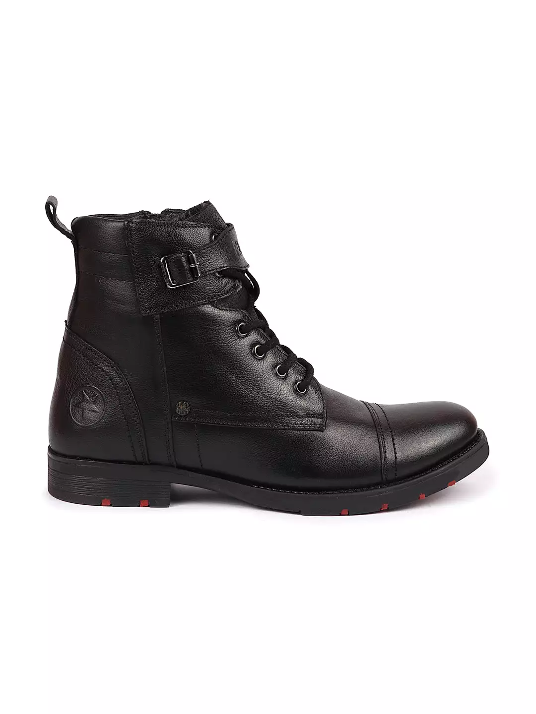 Black genuine leather men's high ankle winter boots with zipper and lace-up closure, featuring a cap toe and flat biker design.