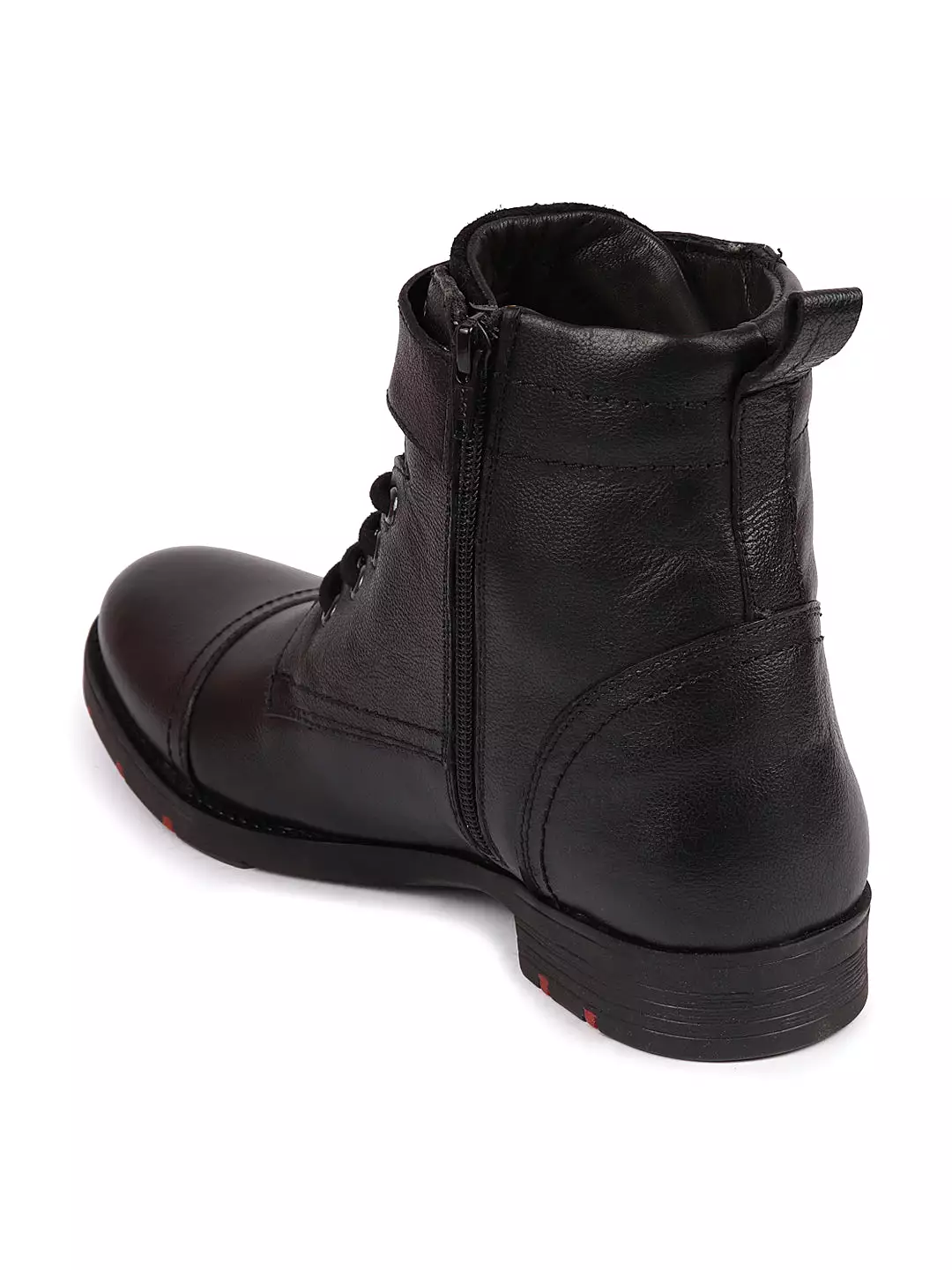 Black genuine leather men's high ankle winter boots with zipper and lace-up closure, featuring a cap toe and flat biker design.