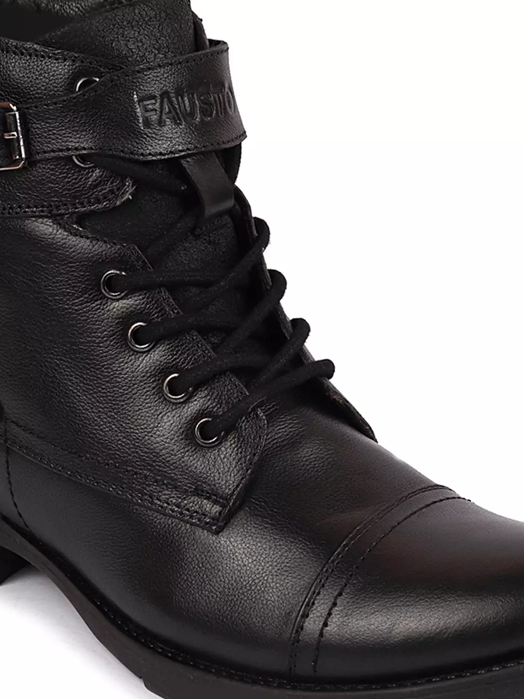 Black genuine leather men's high ankle winter boots with zipper and lace-up closure, featuring a cap toe and flat biker design.