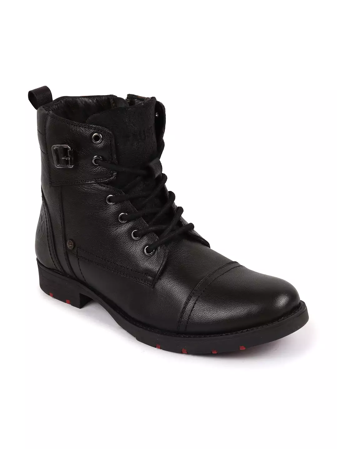 Black genuine leather men's high ankle winter boots with zipper and lace-up closure, featuring a cap toe and flat biker design.