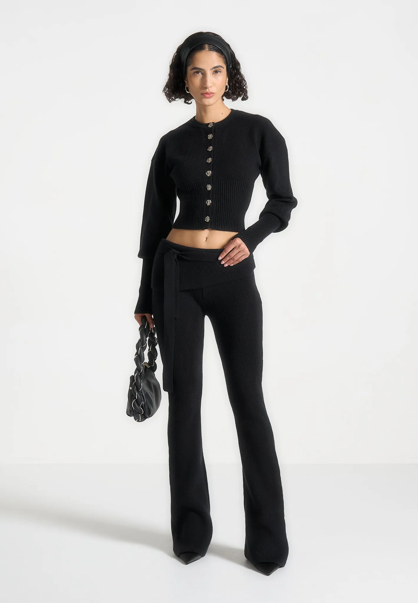 Black Knitted Flared Leggings with Belt