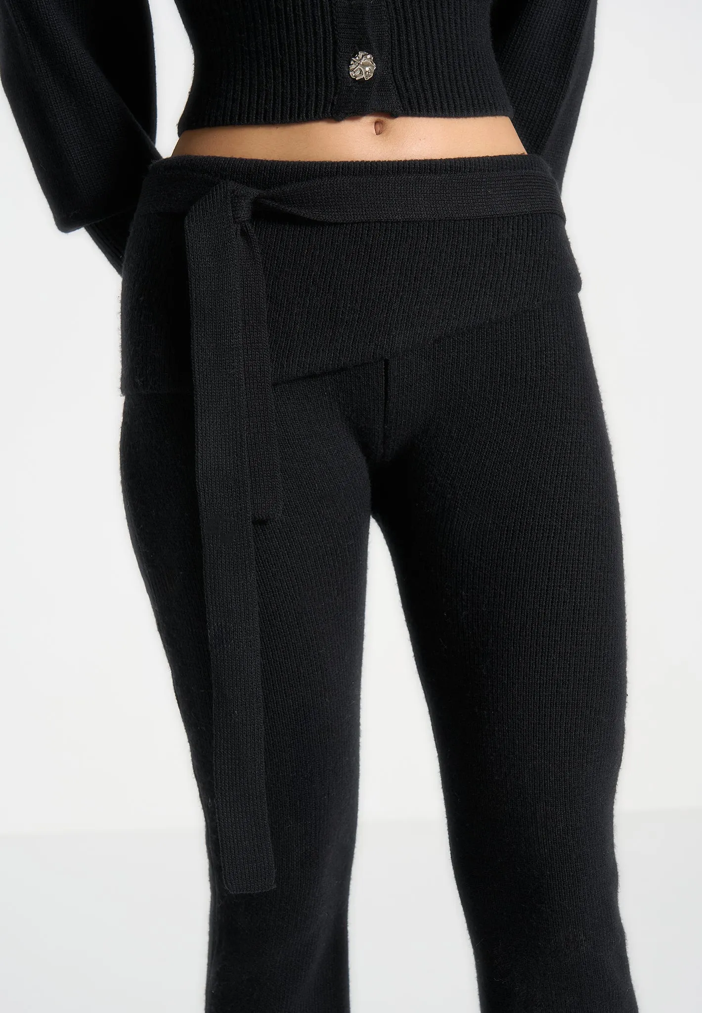 Black Knitted Flared Leggings with Belt