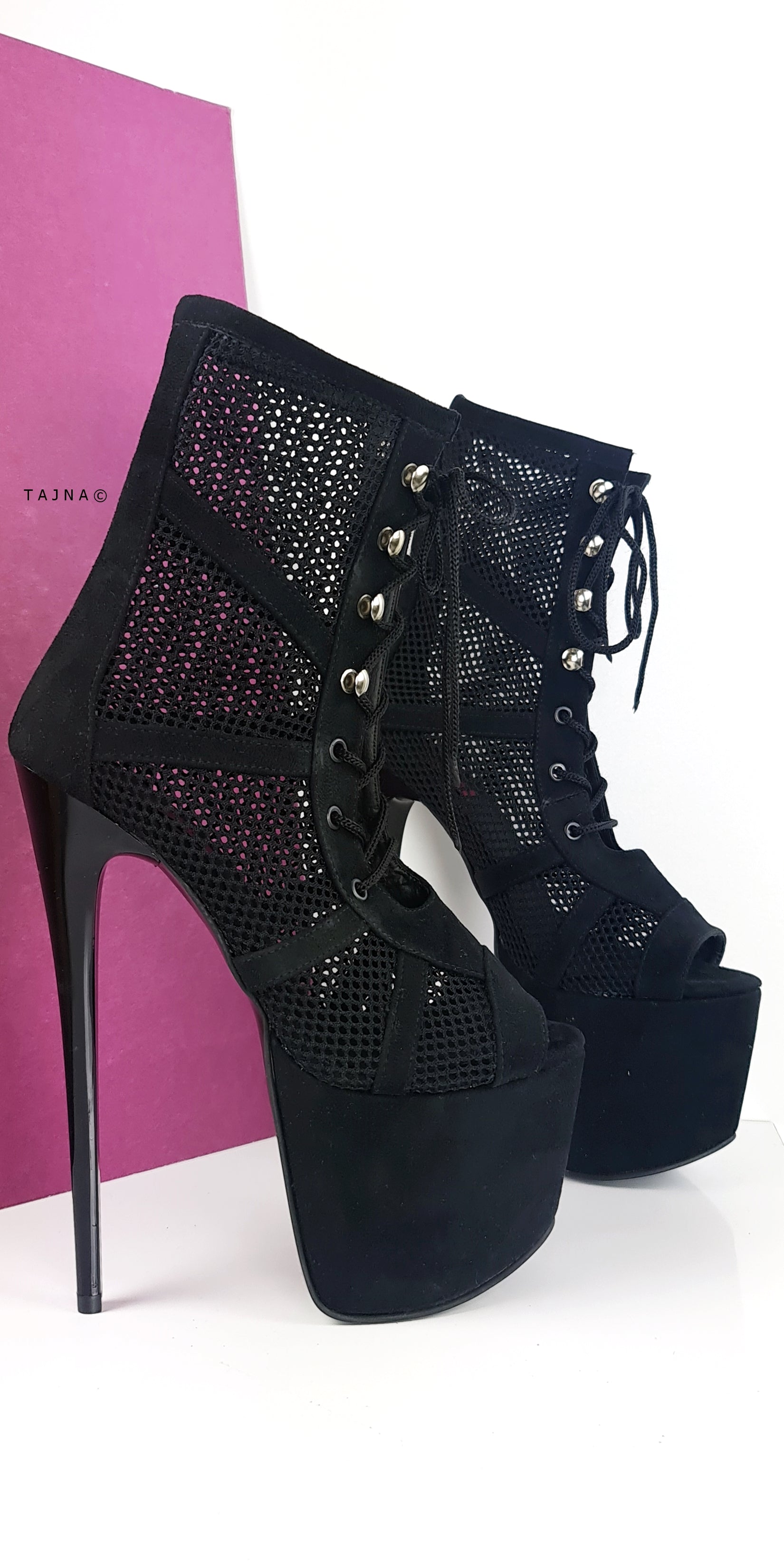 Black Lace-Up Ankle Boots with Suede & Fishnet