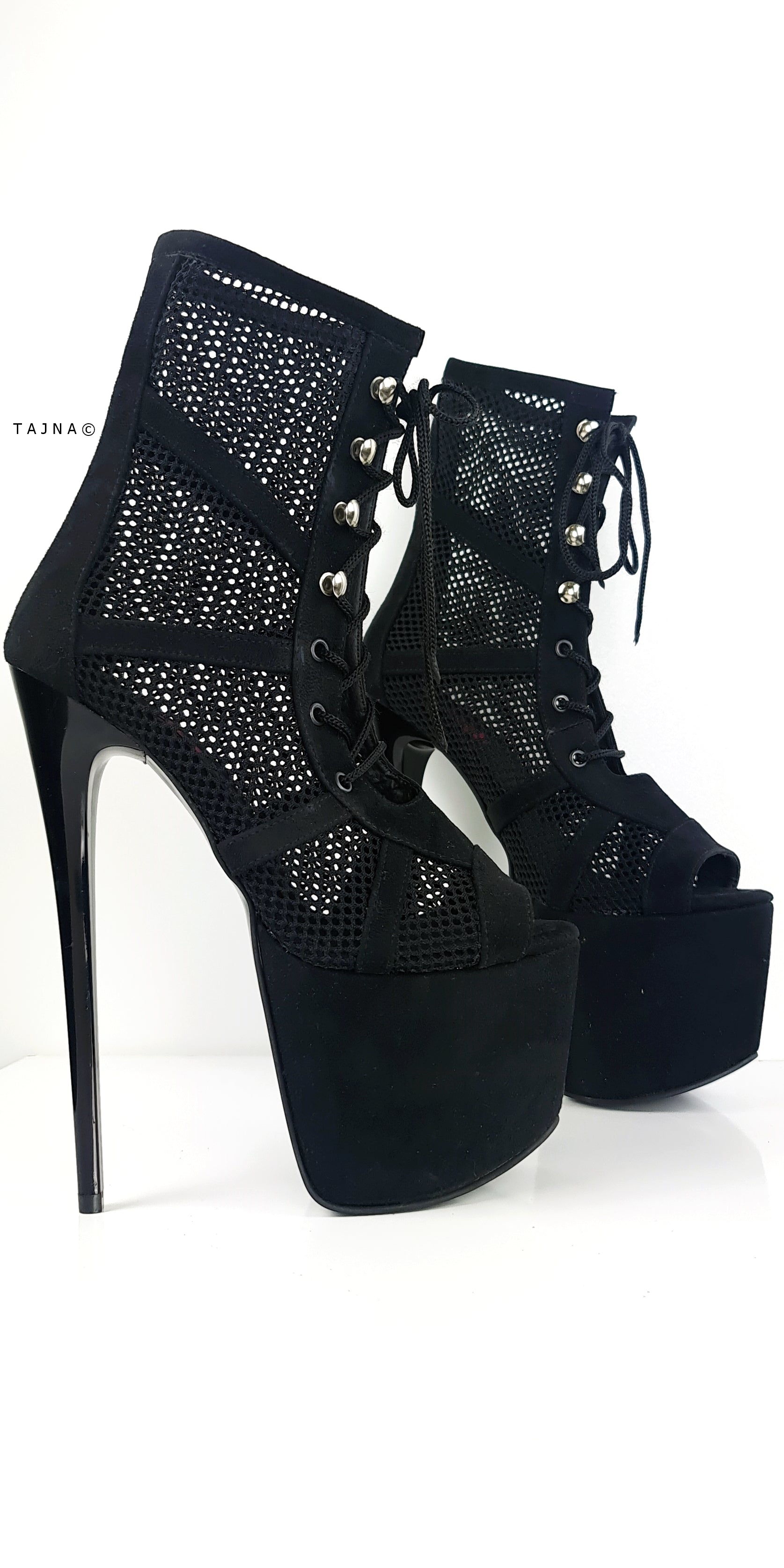 Black Lace-Up Ankle Boots with Suede & Fishnet