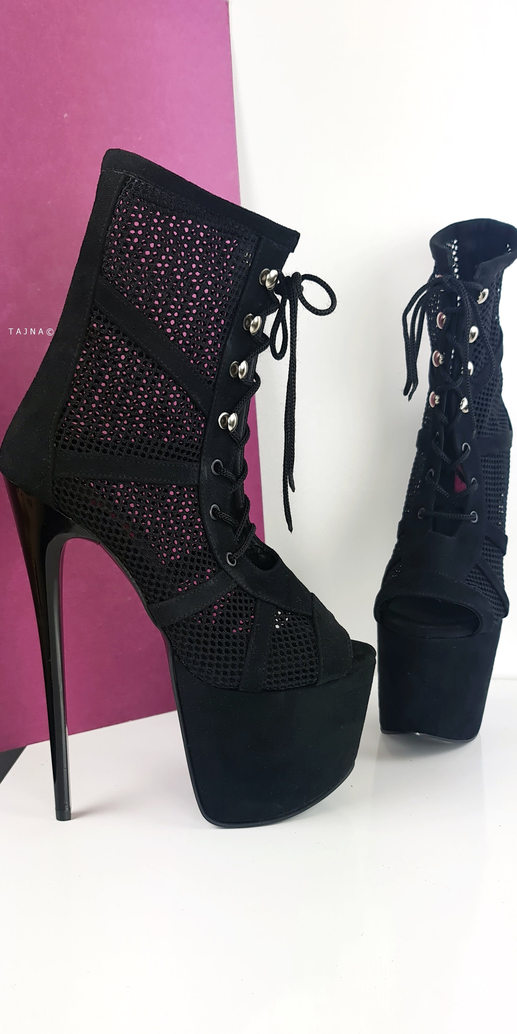 Black Lace-Up Ankle Boots with Suede & Fishnet