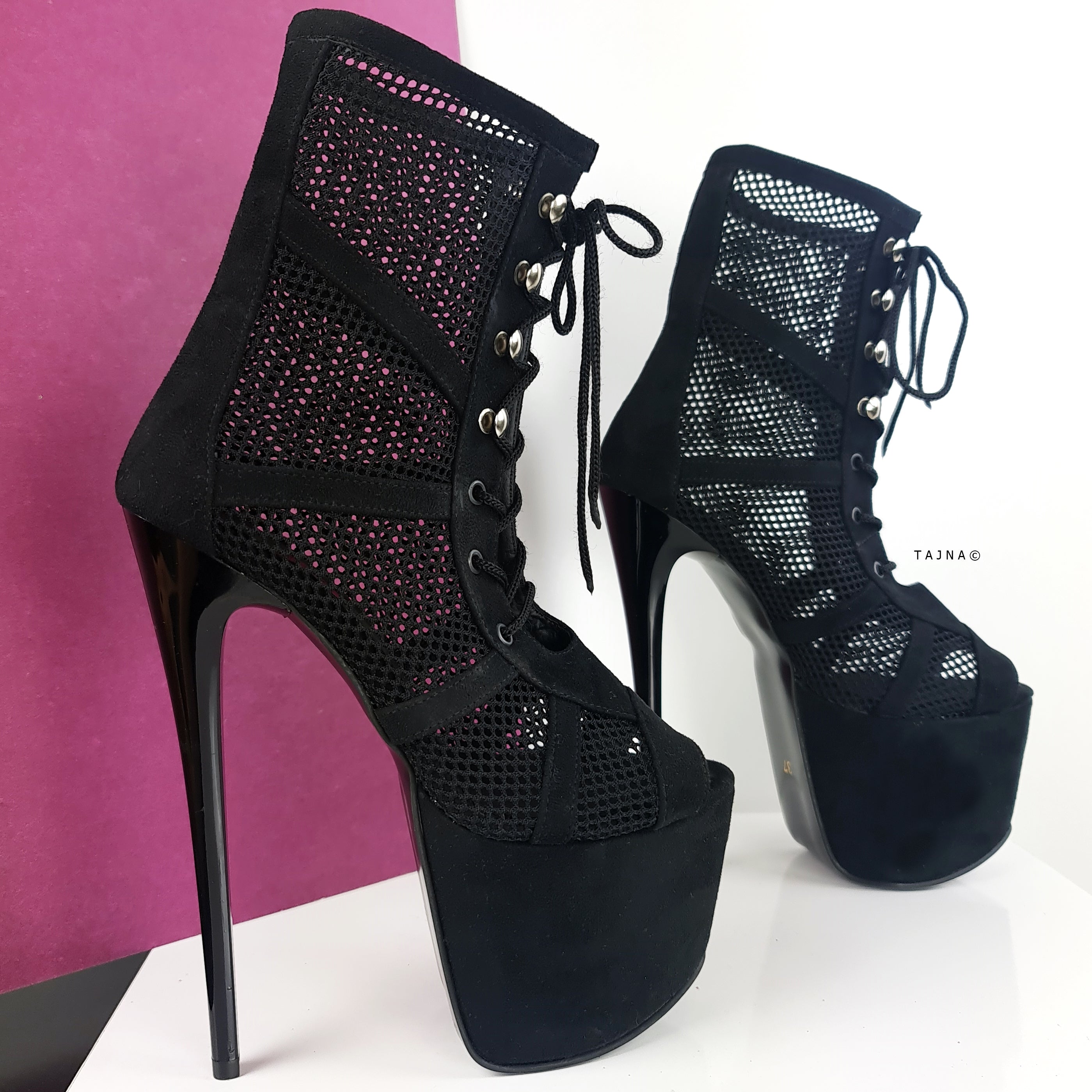 Black Lace-Up Ankle Boots with Suede & Fishnet