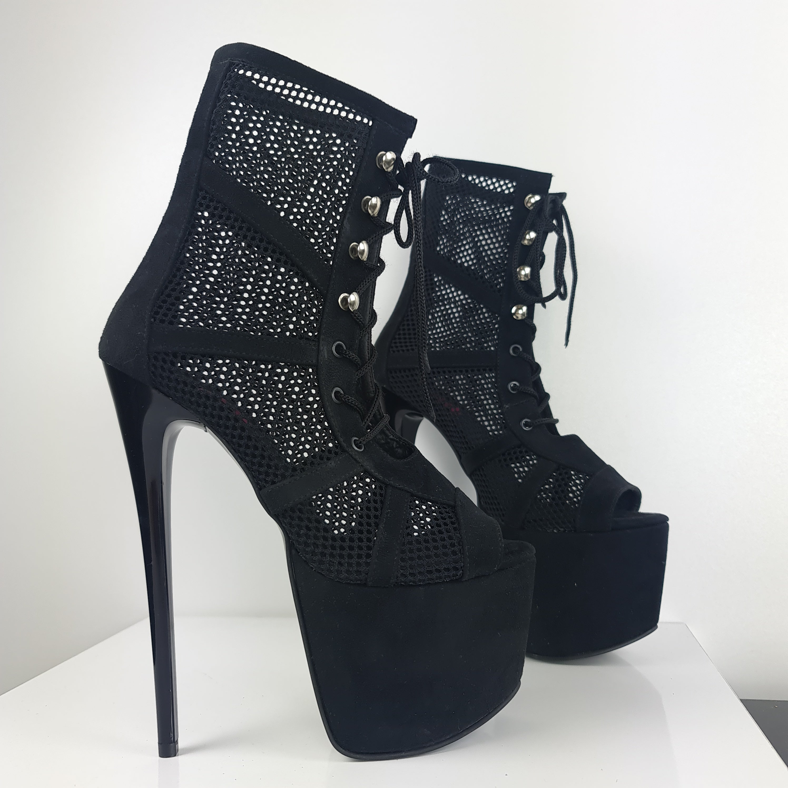 Black Lace-Up Ankle Boots with Suede & Fishnet