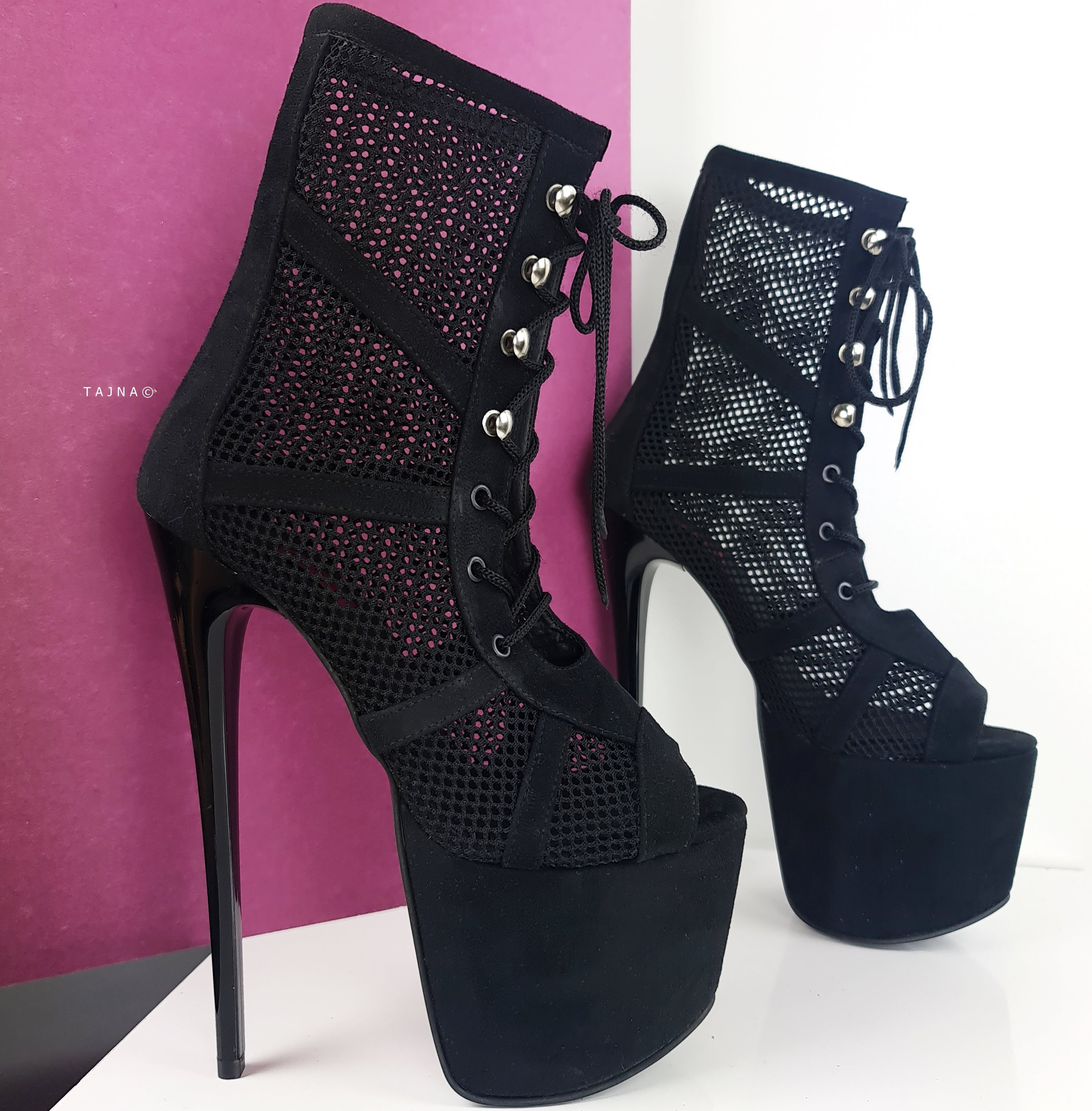 Black Lace-Up Ankle Boots with Suede & Fishnet