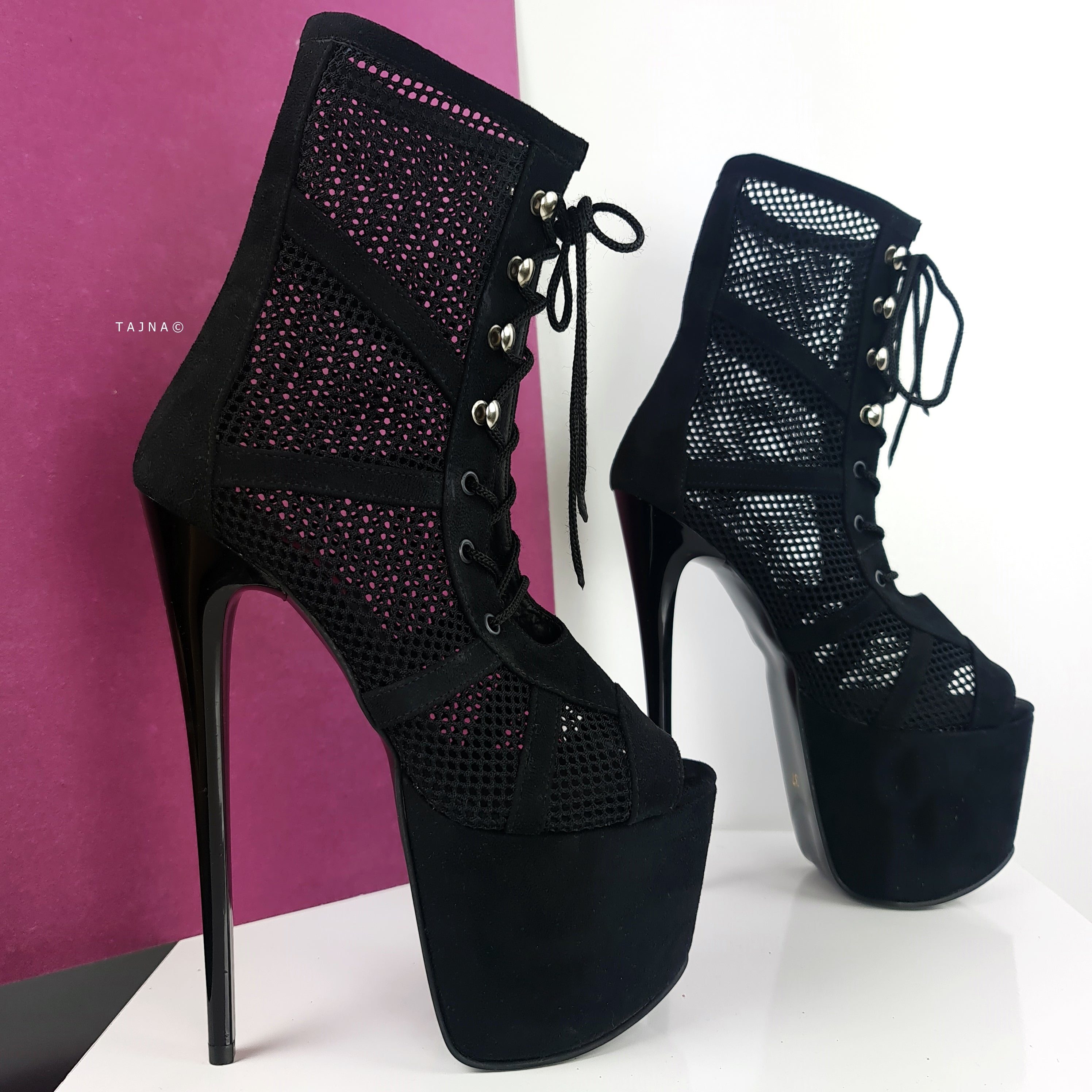 Black Lace-Up Ankle Boots with Suede & Fishnet