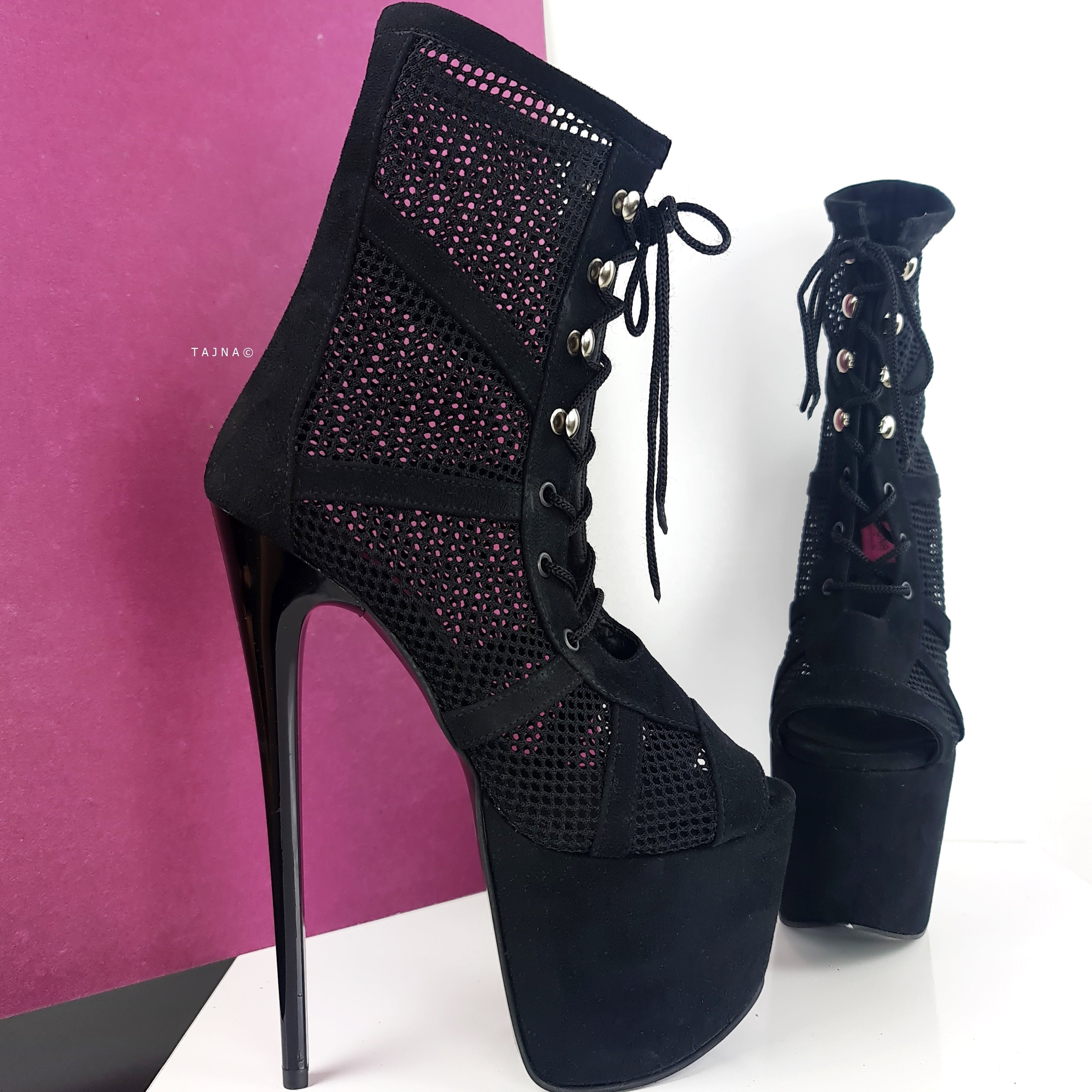 Black Lace-Up Ankle Boots with Suede & Fishnet