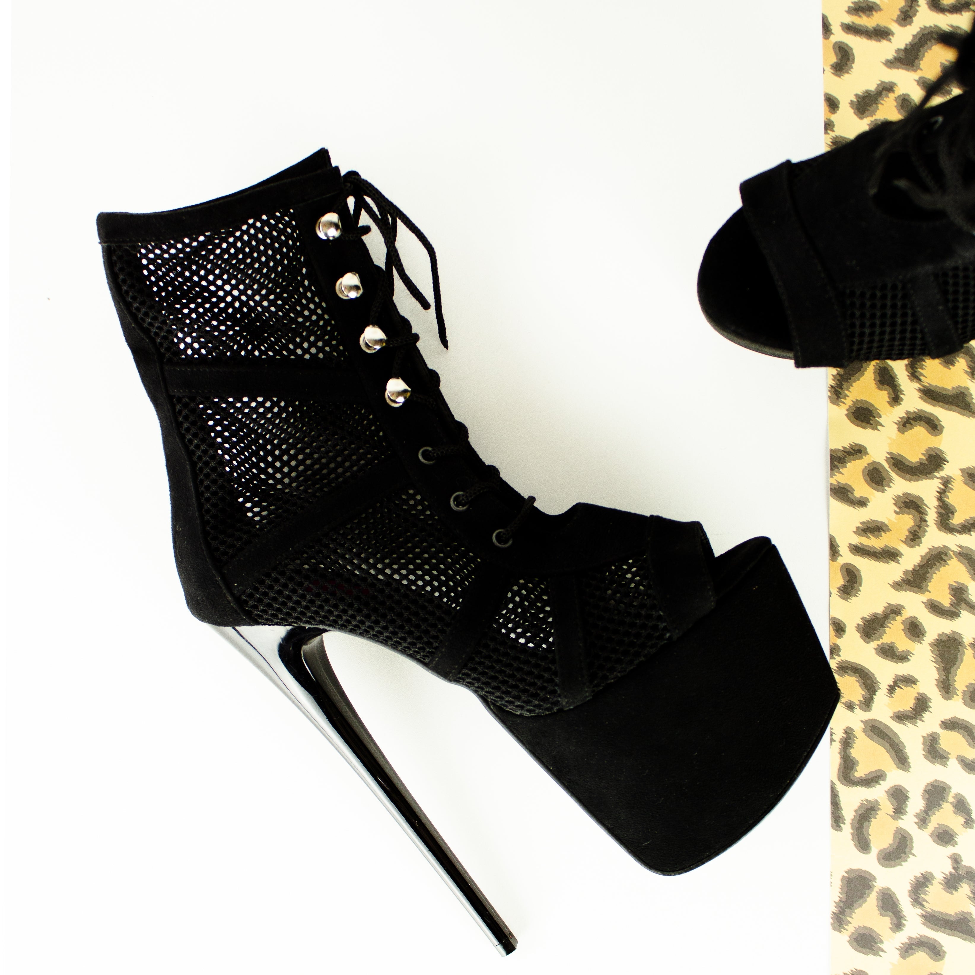 Black Lace-Up Ankle Boots with Suede & Fishnet