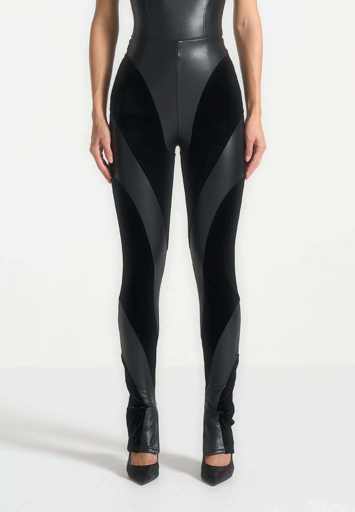 Black Leather and Velour Contour Leggings