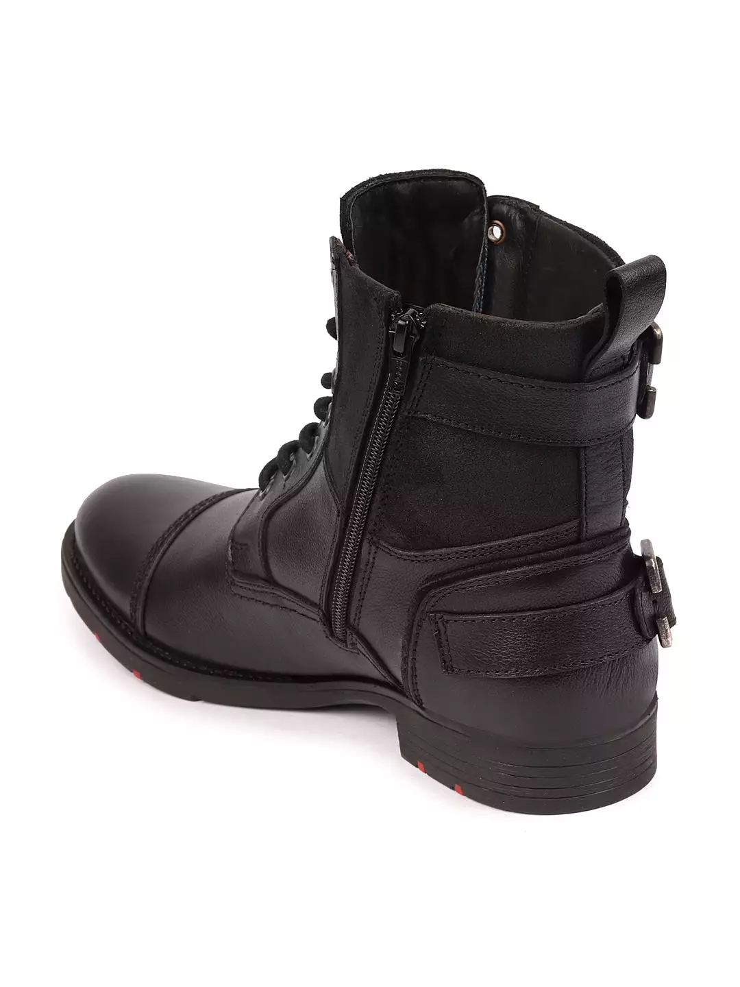 Black Leather Ankle Combat Boots with Side Zipper - Shop Now