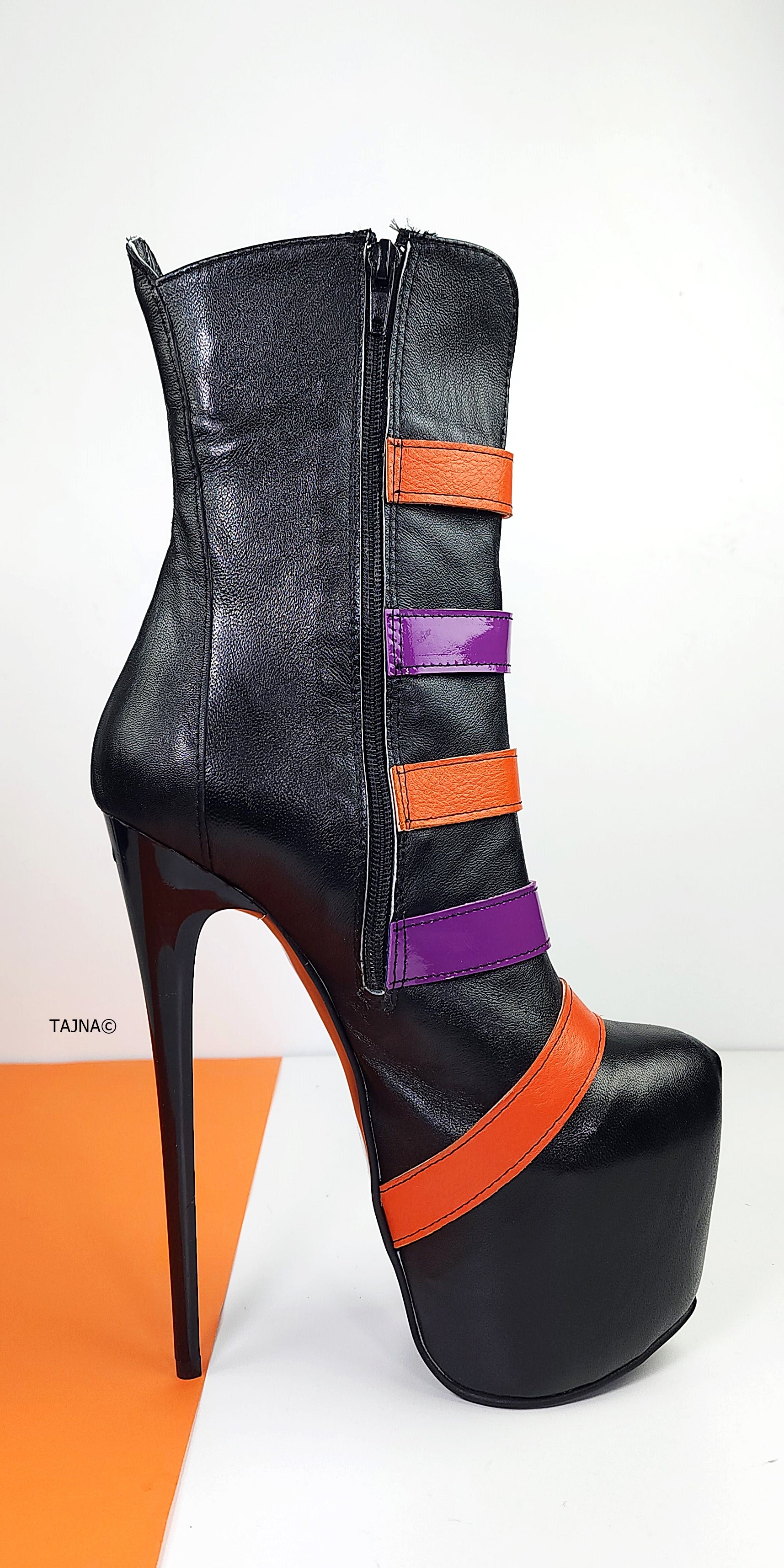 Black Leather Boots with Multiple Colored Belts