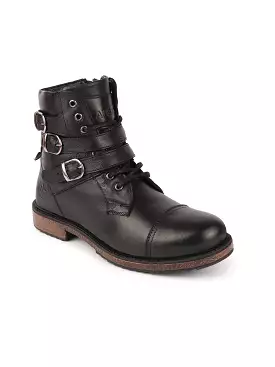 Black Leather High Ankle Combat Boots - 8-Eye Lace Up, Buckle Closure, Side Zipper